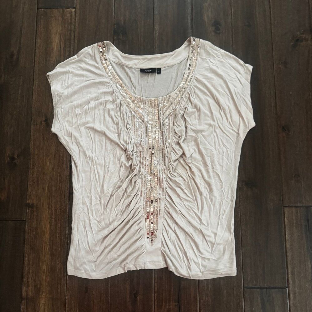 Apt. 9 Women's Beige Sequin Embellished Short Sleeve Blouse L